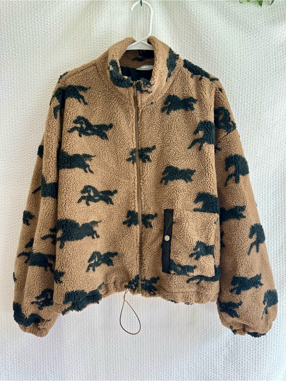 Zip-Front Sherpa Jacket - Tan with Black Pattern